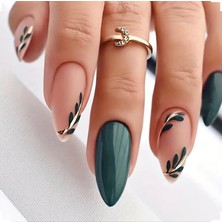 Trend Vitrin Yeşil Altın Desenli Nail Art Oval Badem Kadın Takma Tırnak Protez Tırnak Set YILBAŞI KONSEPT HEDİYE