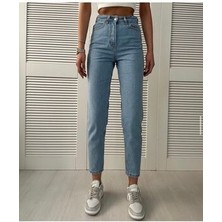 ByCukurovaFrango Jaxen Kadın Yüksek Bel Mavi Kar Yıkama Likralı Mom Jeans Pantolon