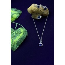 Agai Silver Kare Model Safir ve Zirkon Taşlı Gümüş Üçlü Set