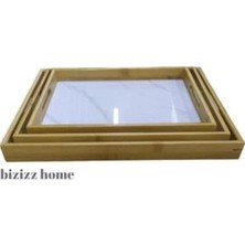 Bizizz Home 3lü Mermer Desenli Bambu Tepsi Çay Tepsisi Kaliteli Tepsi