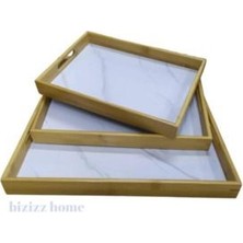 Bizizz Home 3lü Mermer Desenli Bambu Tepsi Çay Tepsisi Kaliteli Tepsi