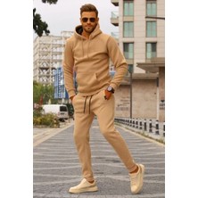 CMZ Collection Erkek Vizon Kapşonlu 3 Iplik Şardonlu Paça Lastikli Eşofman Takımı