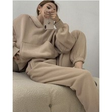 Yakamel Kadın Vizon 3 Iplik Polarlı Kapşonlu Eşofman Takımı