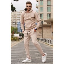 Yakamel Erkek Bej 3 Iplik Oversize Eşofman Takımı