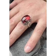 Agai Silver Vaşak Işlemeli Lal Taşlı 925 Ayar Gümüş Erkek Yüzük