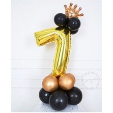 Altın Rakam Balon Karşılama Seti 7 Yaş Siyah Gold Renkleri Altın Taçlı 7 Rakamlı Balon