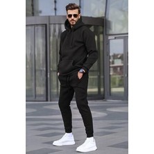 CMZ Collection Erkek 3 Iplik Şardonlu Siyah Kapşonlu Basic Eşofman Takımı