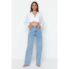 ByCukurovaFrango Mavi Kar Yıkama Likralı Kadın Süper Yüksek Bel Bol Paça Denim Kot Palazzo