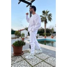 CMZ Collection Erkek Unisex 3 Iplik Ekru Takım Bisiklet Yaka Sweatshirt ve Eşofman Altı