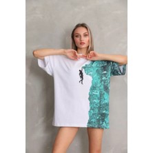 Üçay Bisiklet Yaka Baskılı Oversize T-Shirt Beyaz