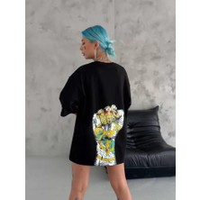 Üçay Bisiklet Yaka Baskılı Oversize T-Shirt Siyah