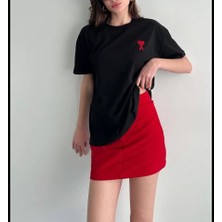 Üçay Bisiklet Yaka Baskılı Oversize T-Shirt Siyah