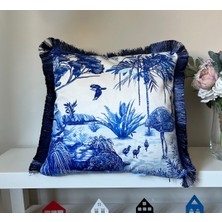 Decofav El Çizimi Sax Renkli Fransız Stili Manzara Desenli Dijital Baskılı Kadife Kırlent Kılıfı Saçaklı