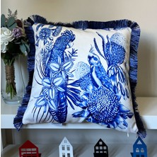 Decofav El Çizimi Sax Mavi Papağan Desenli Dijital Baskılı Kadife Kırlent Kılıfı Saçaklı