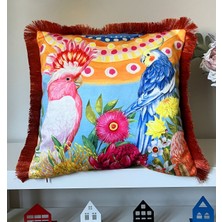 Decofav Dekoratif Sulu Boya Çizimi Papağanlar Desenli Dijital Baskılı Kadife Kırlent Kılıfı Saçaklı