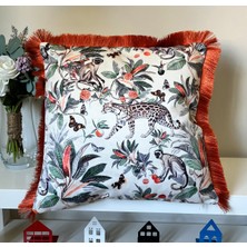 Decofav Pastel Orman Tasarımı Leopar Desenli Dijital Baskılı Kadife Kırlent Kılıfı Saçaklı