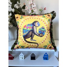 Decofav Dekoratif Çin Stili Maymun Desenli Dijital Baskılı Kadife Kırlent Kılıfı Saçaklı