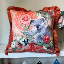 Decofav Sulu Boya Şirin Koala ve Orman Desenli Dijital Baskılı Kadife Kırlent Kılıfı Saçaklı