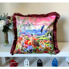 Decofav Sulu Boya Şirin Hayvanlar Gün Batımı Desenli Dijital Baskılı Kadife Kırlent Kılıfı Saçaklı