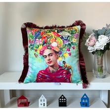 Decofav Yağlıboya Meksikalı Kadın Desenli Dijital Basklılı Kadife Kırlent Kılıfı Saçaklı