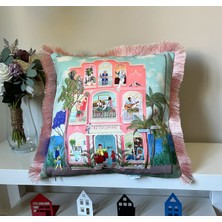 Decofav Sulu Boya Eğlenceli Bina Desenli Dijital Baskılı Kadife Kırlent Kılıfı Saçaklı