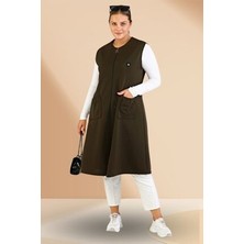 FERACE Kadın Haki Renk Büyük Beden Yelek Uzun Stil Çelik Örme Viskon Özellikli