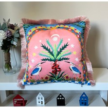 Decofav Pembe Mavi Kuş ve Ağaç Desenli Dijital Baskılı Kadife Kırlent Kılıfı Saçaklı