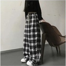 Harajuku Kare Ekose Desenli Siyah Unisex Rahat Kesim Pijama Eşofman Altı