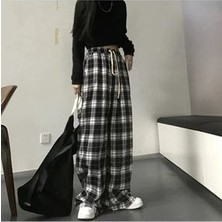 Harajuku Kare Ekose Desenli Siyah Unisex Rahat Kesim Pijama Eşofman Altı