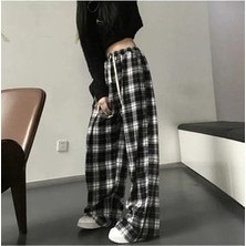 Harajuku Kare Ekose Desenli Siyah Unisex Rahat Kesim Pijama Eşofman Altı