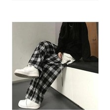 Harajuku Kare Ekose Desenli Siyah Unisex Rahat Kesim Pijama Eşofman Altı