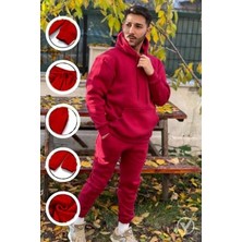 CMZ Collection Erkek Bordo 3 Iplik Kapşonlu Puf Eşofman Takımı