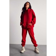 Yakamel Erkek Kırmızı 3 Iplik Jogger Kapşonlu Eşofman Takımı