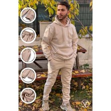 CMZ Collection Erkek Koyu Bej 3 Iplik Kapşonlu Puf Eşofman Takımı