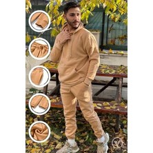 CMZ Collection Erkek Vizon Renk 3 Iplik Kapşonlu Puf Eşofman Takımı
