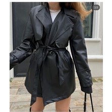 Vess Moda Kadın Siyah Suni Deri Kruvaze Yaka Kısa Trençkot