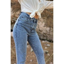 ByCukurovaFrango Leo Kadın Açık Mavi Asit Kar Yıkama Süper Yüksek Bel Comfort Likralı Mom Kot