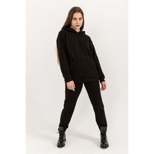 Yakamel Erkek Siyah 3 Iplik Jogger Kapşonlu Eşofman Takımı