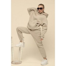 Yakamel Erkek Bej 3 Iplik Jogger Kapşonlu Eşofman Takımı