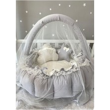 Nest Gri Tasarım Lüx Oyun Minderi Jaju-Babynest Anne Yanı Cibinlik Tül Oyuncak Aparat Set