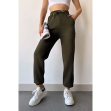 CMZ Collection Kadın Haki Yüksek Bel Jogger Eşofman Altı Puf 3 Iplik Lastikli Bel