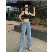 ByCukurovaFrango Kadın Mavi Yüksek Bel Geniş Paça Bol,salaş Palazzo Jeans