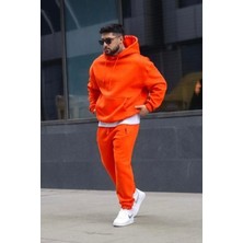 Yakamel Erkek Kışlık Eşofman Takımı Turuncu 3 Iplik Içi Polarlı Oversize