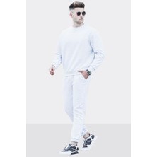 Yakamel Erkek Düz Bisiklet Yaka Beyaz Basic Eşofman Takımı 3 Iplik Şardonlu