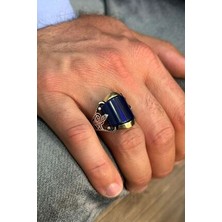 Agai Silver Osmanlı Tuğra Işlemeli Safir Taşlı Gümüş Erkek Yüzük