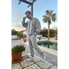 Yakamel Erkek Gri 3 Iplik Jogger Bisiklet Yaka Eşofman Takımı