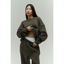 Yakamel Kadın 3 Iplik Haki Bisiklet Yaka Oversize Eşofman Takımı