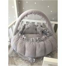 Nest Gri Pike Kumaş Tasarım Açılır - Kapanır Oyun Minderi Cibinlik Aparatlı Jaju-Babynest
