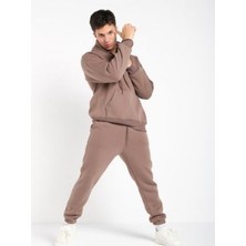 Yakamel Erkek Kahverengi 3 Iplik Hoodie Kapşonlu Kanguru Cep Eşofman Takımı
