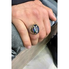 Agai Silver Çizgi Işlemeli Mistik Topaz Taşlı Gümüş Erkek Yüzük